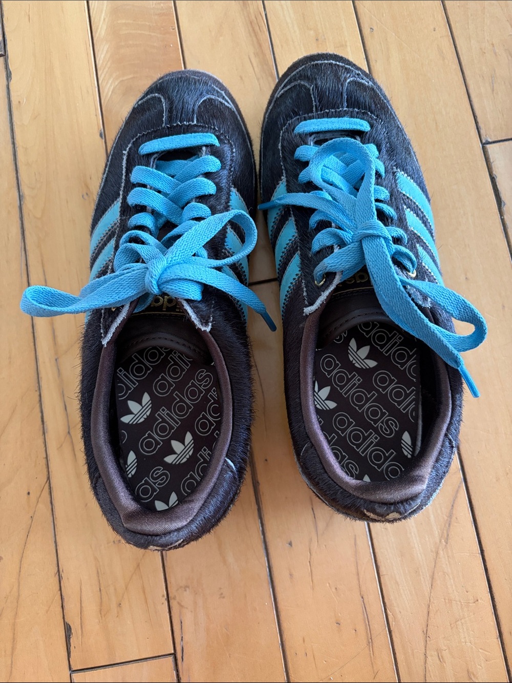 adidas women’s Brown Pony hair Japan Sneakers with light Blue suede strips